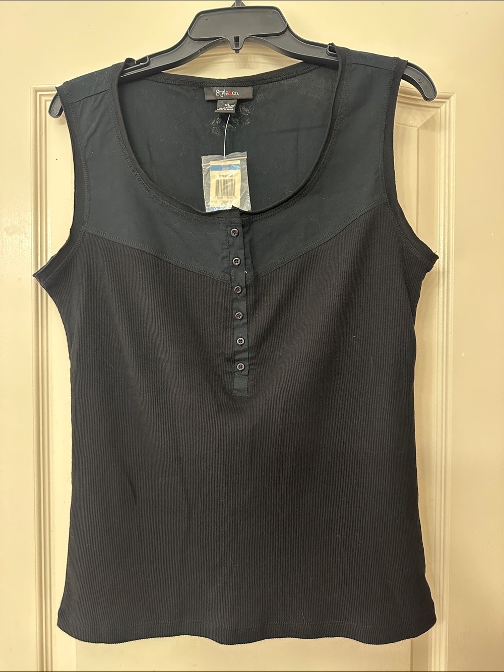 Style & Co. Women's Black Ribbed Henley Tank with Button Placket